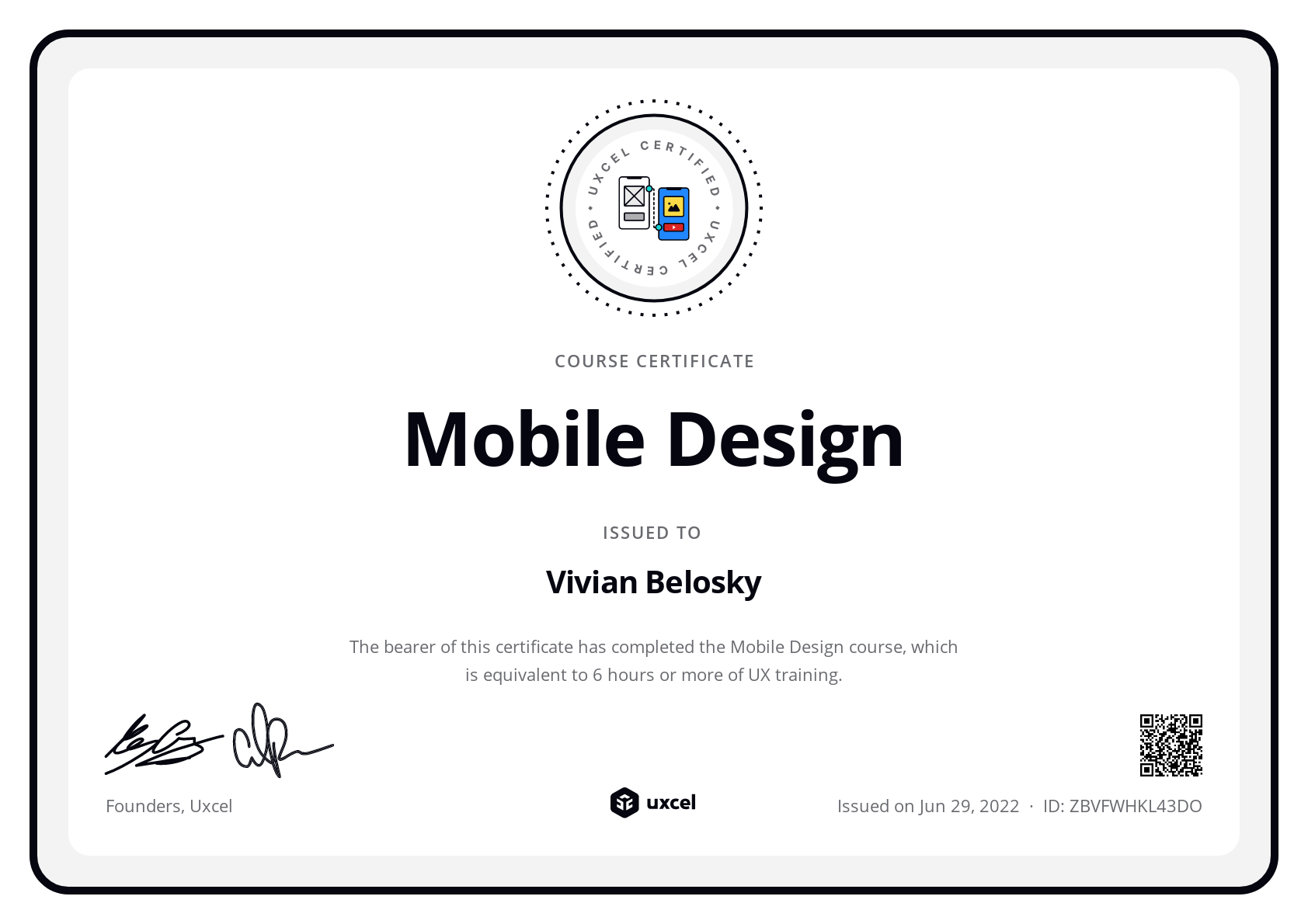 Vivian Belosky's certificate